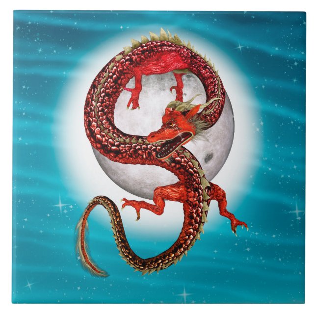 Red Eastern Dragon - Mythical Fantasy Creature Ceramic Tile (Front)