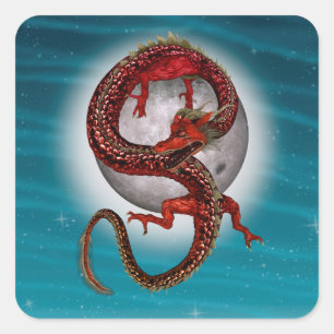 Red Eastern Dragon - Mythical Fantasy Creature Square Sticker