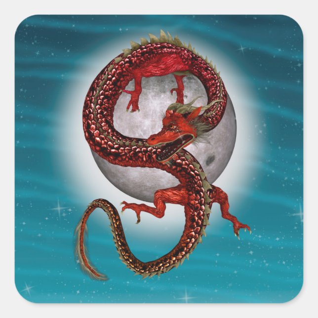 Red Eastern Dragon - Mythical Fantasy Creature Square Sticker (Front)