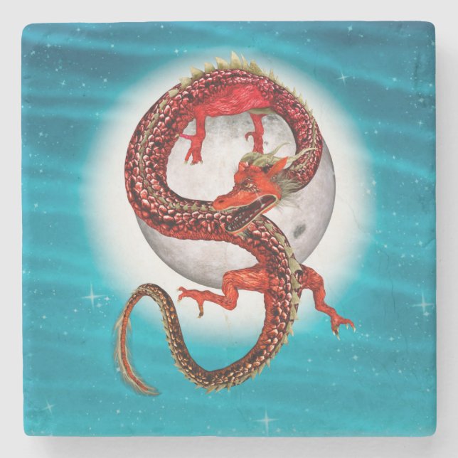 Red Eastern Dragon - Mythical Fantasy Creature Stone Coaster (Front)