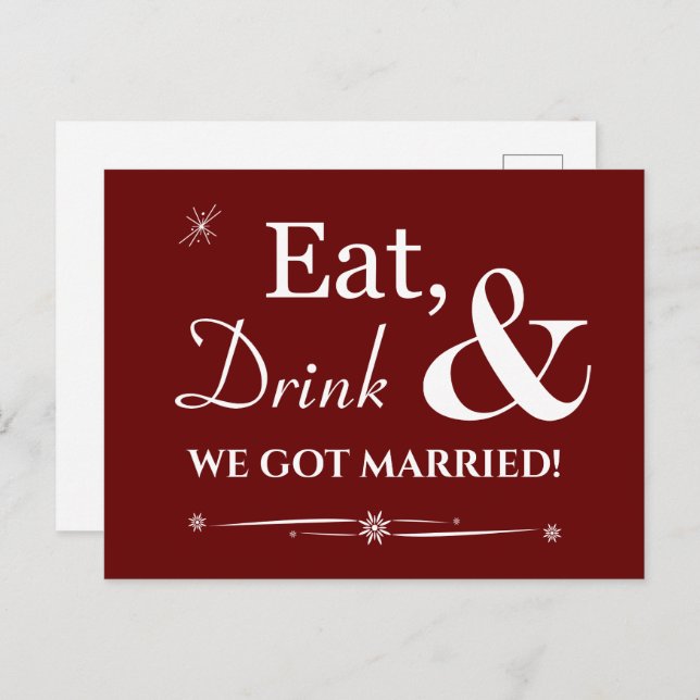 Red Eat Drink We Got Married Retro Elopement Postcard (Front/Back)