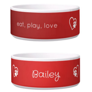 Red 'eat, play, love' Dog Name Bowl