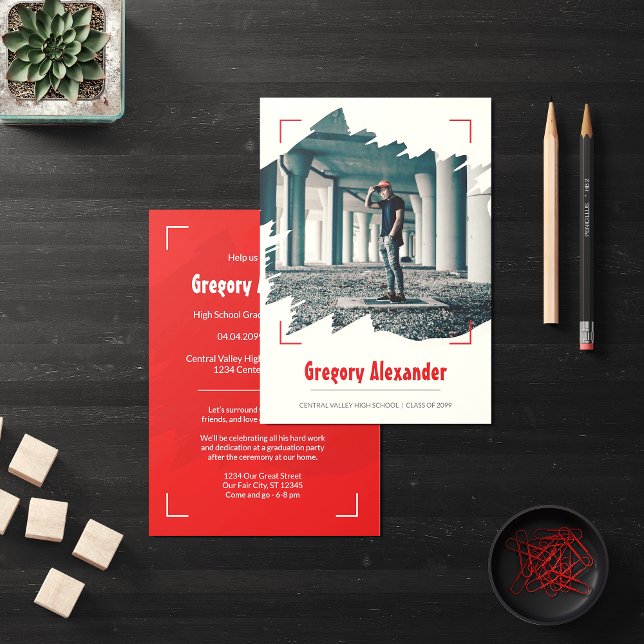 Red Edgy Abstract Brushstroke Photo Graduation Invitation (Creator Uploaded)