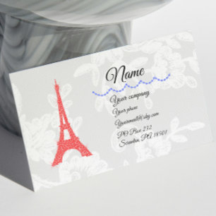 Red Eiffel Tower & Blue diamonds on Lace Business  Card