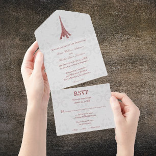 Red Eiffel Tower Damask All in One Wedding Invitation