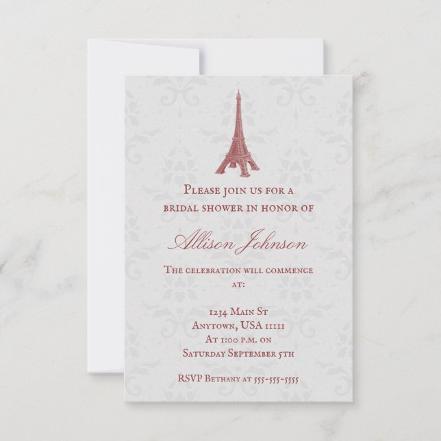 Red Eiffel Tower Damask Bridal Shower Invitation (Front)