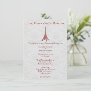 Red Eiffel Tower Damask Rehearsal Dinner Invitation