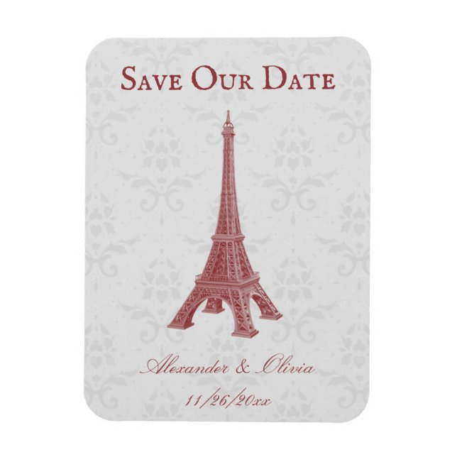 Red Eiffel Tower Damask Save The Date Magnet (Vertical)