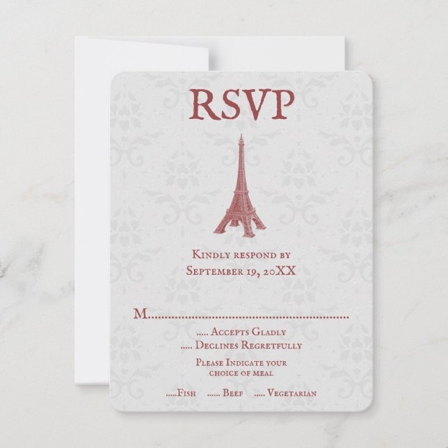 Red Eiffel Tower Damask Wedding RSVP Card (Front)
