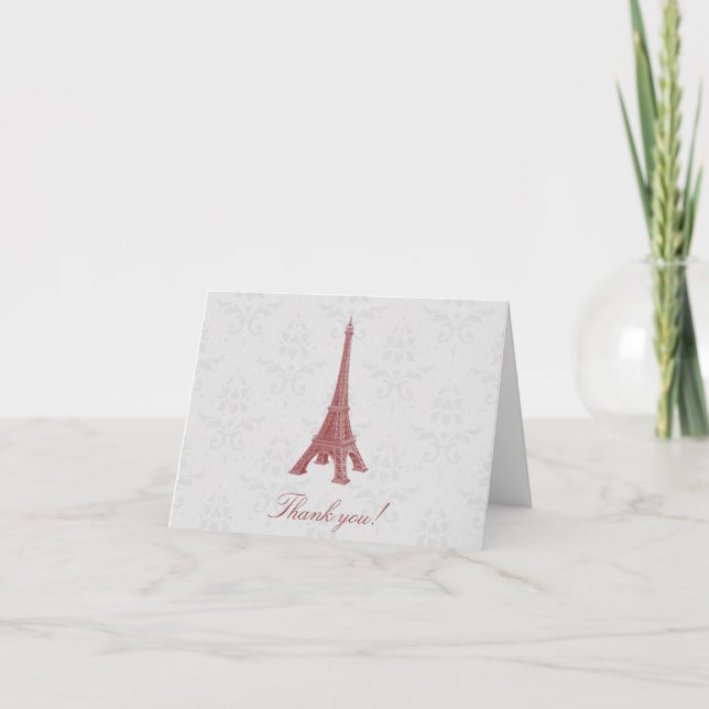 Red Eiffel Tower Damask Wedding Thank You Card (Front)