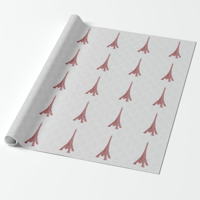 Red Eiffel Tower Damask Wedding Wrapping Paper (Unrolled)