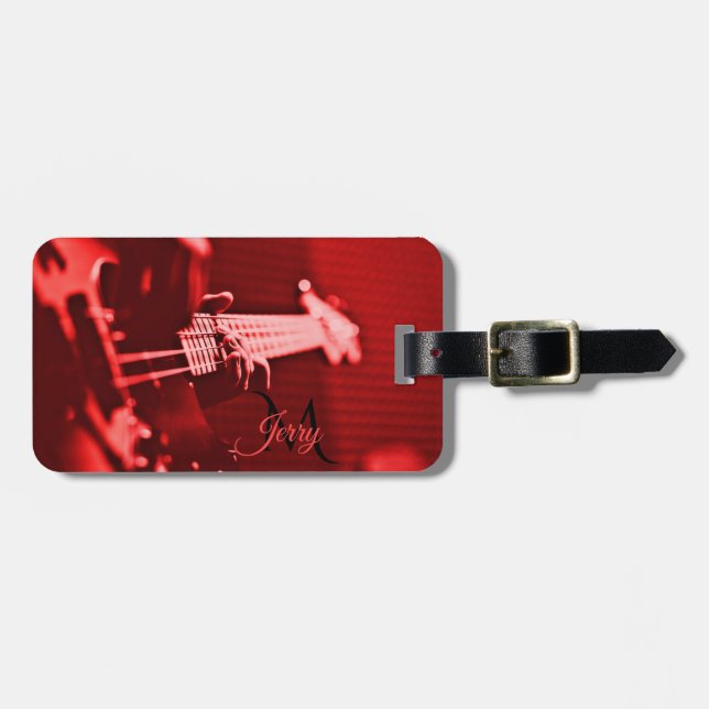 Red Electric Bass Guitar Monogram Luggage Tag (Front Horizontal)