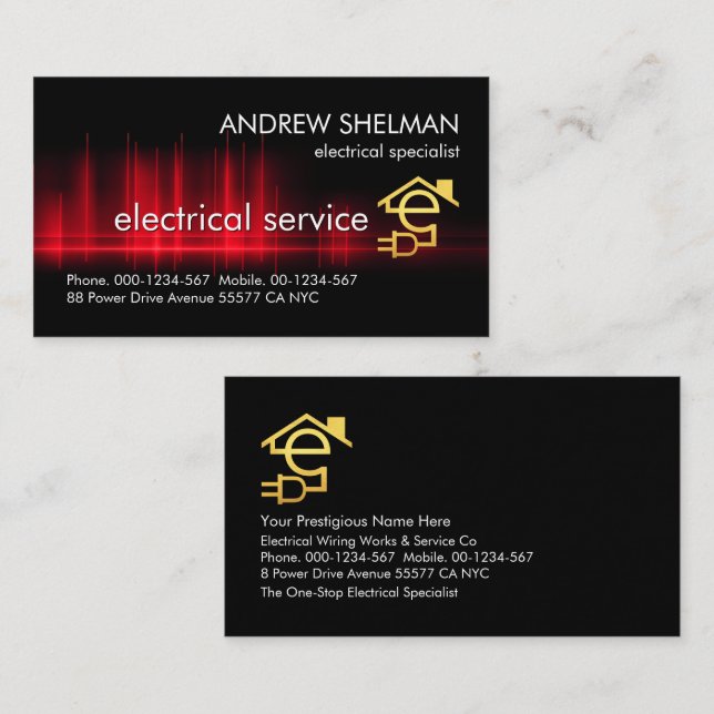 Red Electrical Wave Pulse Electrician Business Card (Front/Back)