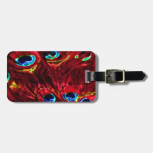 Red Electro Peacock Feathers Luggage Tag