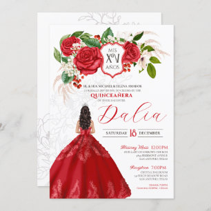 Red Elegance Bold Roses Crest Formal Quinceañera Invitation