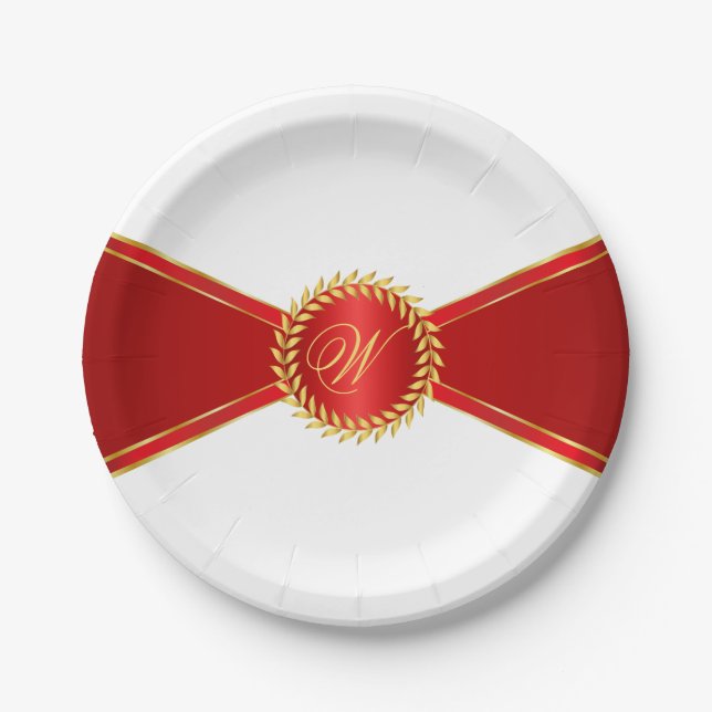 Red Elegance Monogram Paper Plate (Front)