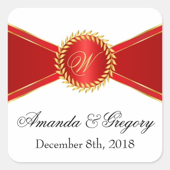 Red Elegance Monogram Square Sticker (Front)