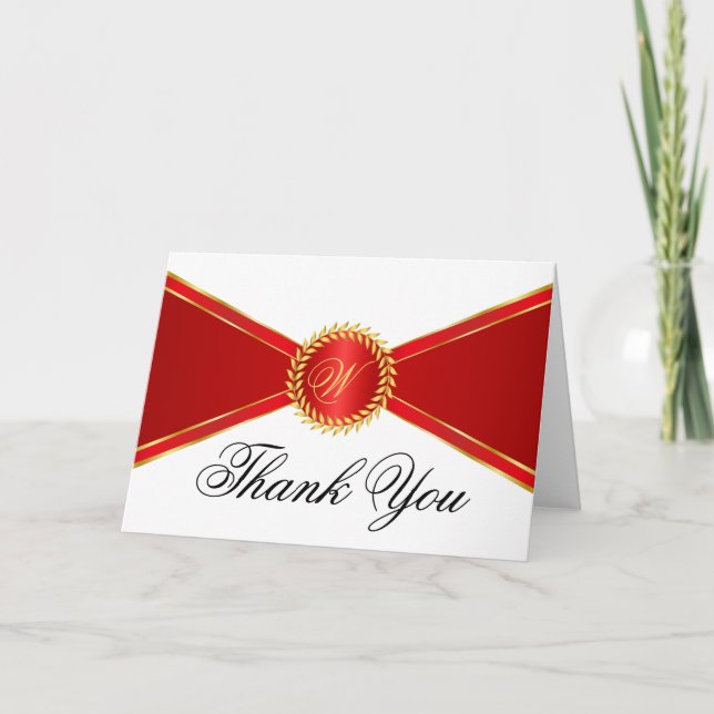 Red Elegance Monogram Thank You Card (Front)