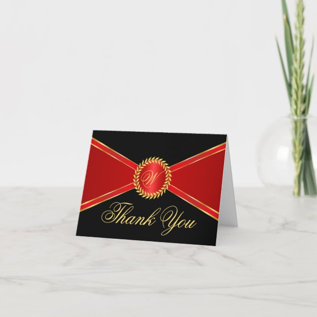 Red Elegance Monogram Thank You Card (Front)