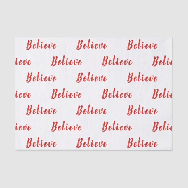 RED Elegant BELIEVE text on White Tissue Paper (Front)