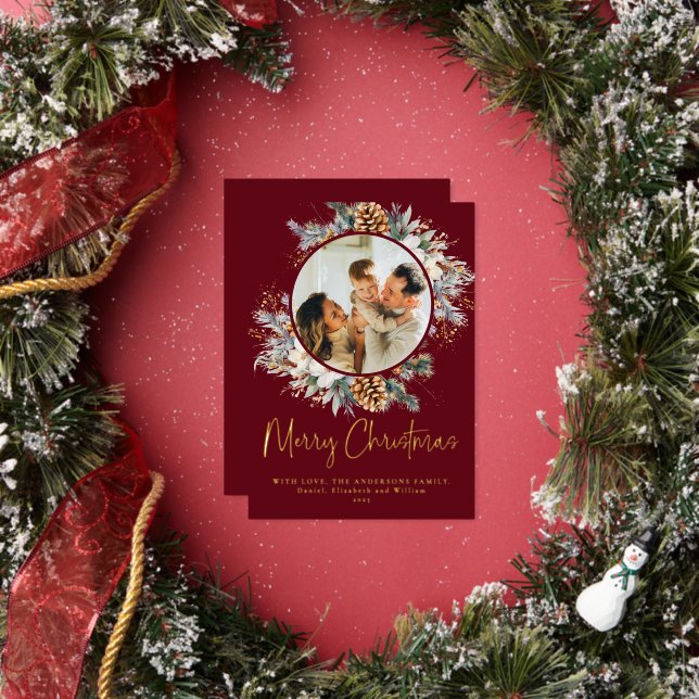 Red Elegant Botanical Typography 1 Photo Christmas Foil Holiday Card (Insitu)