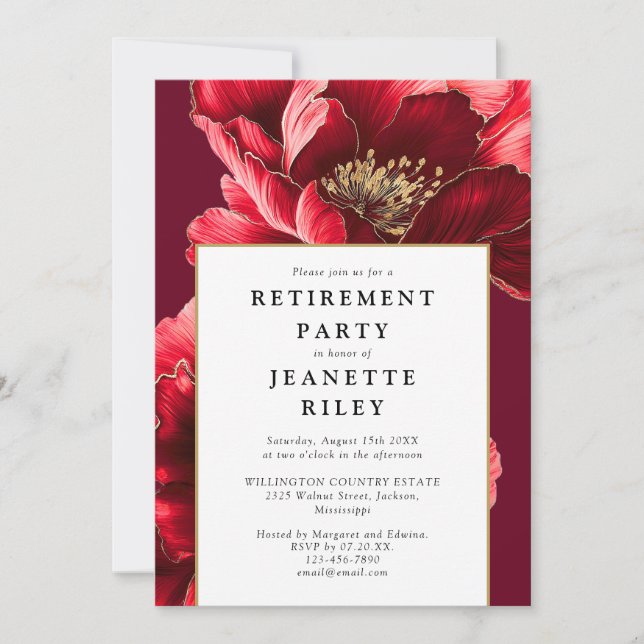 Red Elegant Chic Floral Retirement Party Invitation (Front)