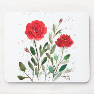 Red elegant chic garden floral watercolor roses mouse pad