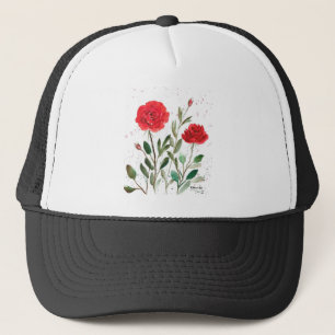 Red elegant chic garden floral watercolor roses trucker hat