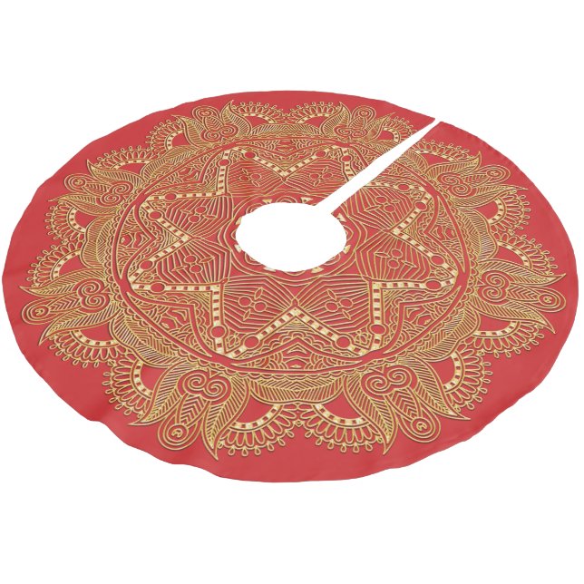 Red Elegant Chic Golden Mandala Flower Art Pattern Brushed Polyester Tree Skirt (Angled)