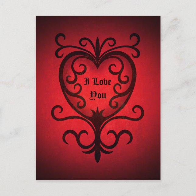 Red elegant damask gothic heart postcard (Front)