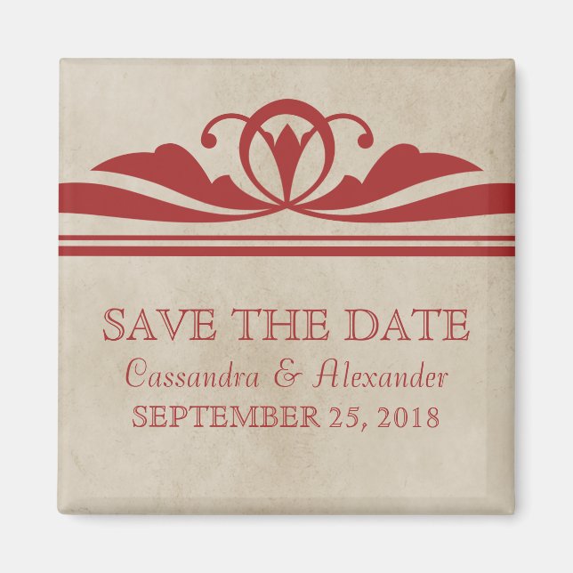 Red Elegant Deco Save the Date Magnet (Front)