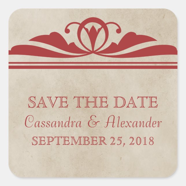 Red Elegant Deco Save the Date Stickers (Front)