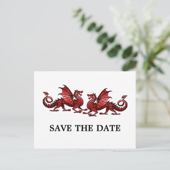 Red Elegant Dragons Save the Date Postcard (Standing Front)