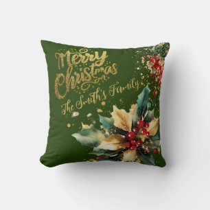 Red Elegant Family Gold Glitter Script Christmas  Cushion