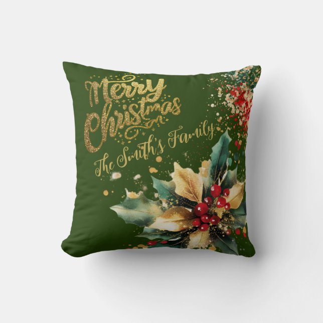 Red Elegant Family Gold Glitter Script Christmas  Cushion (Front)