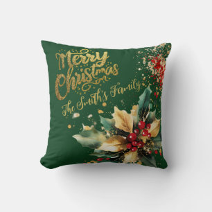 Red Elegant Family Gold Glitter Script Christmas Cushion