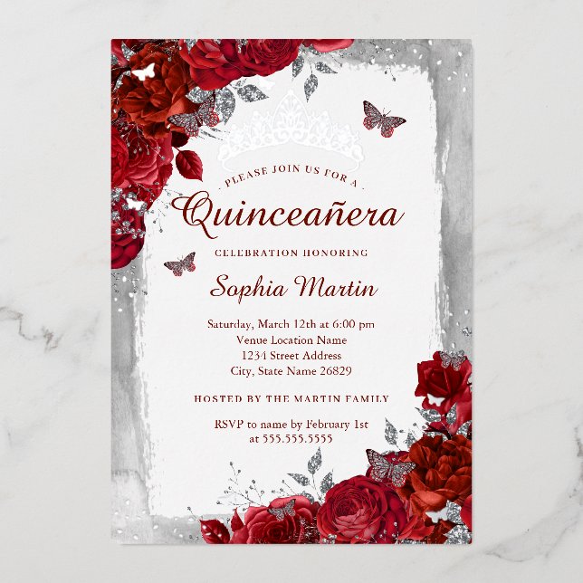 Red Elegant Floral Butterfly Quinceanera  (Front)