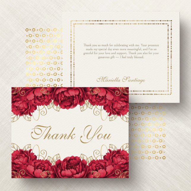 Red Elegant Floral Quinceanera Thank You Card (Creator Uploaded)