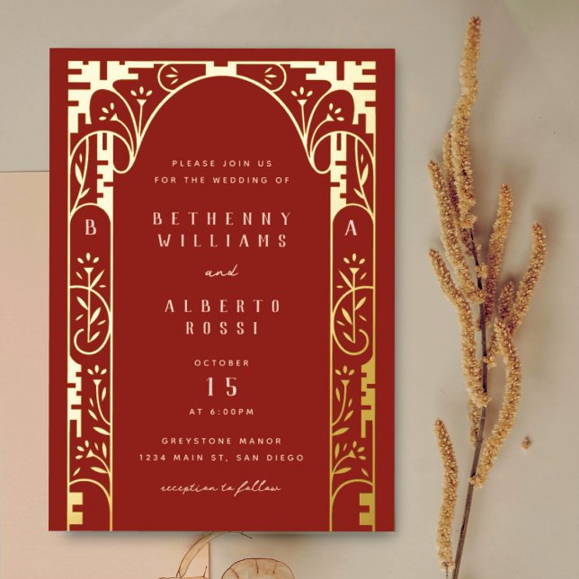 Red Elegant Foil Art Nouveau Arch Foil Invitation (Creator Uploaded)