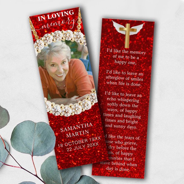 Red Elegant Glitter Memorial Poem Funeral Bookmark (Creator Uploaded)