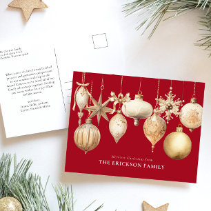 Red Elegant Gold Christmas Watercolor Ornaments Holiday Postcard