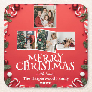 Red Elegant Merry Christmas  Family Photo Collage Square Paper Coaster