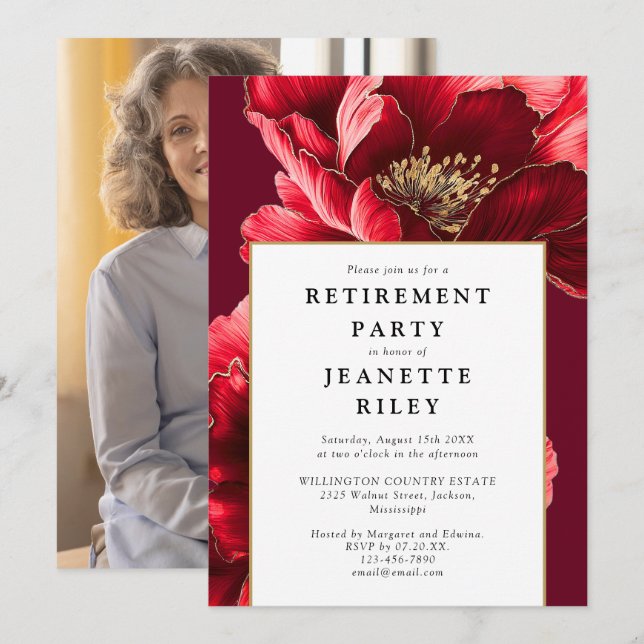 Red Elegant Modern Floral Retirement Party Photo Invitation (Front/Back)