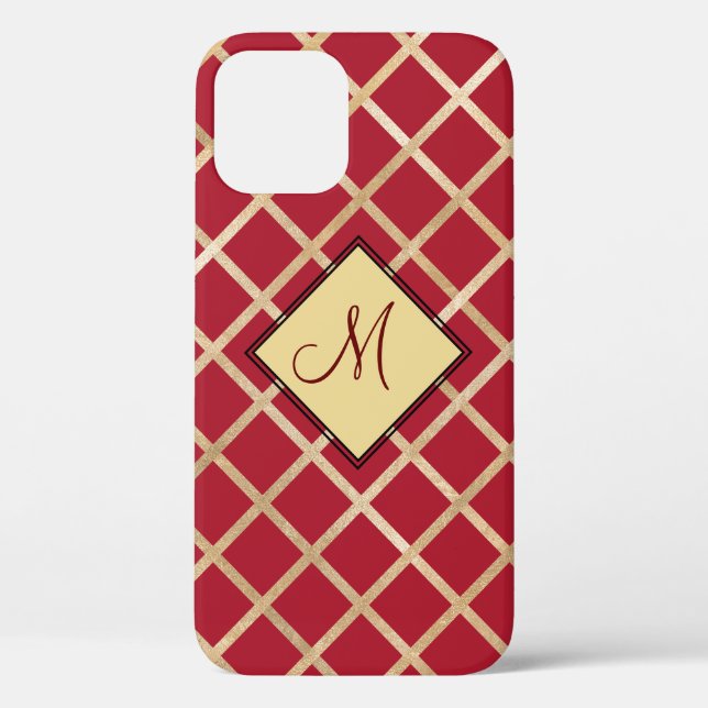 Red Elegant Monogram Gold Diamond Pattern Case-Mate iPhone Case (Back)