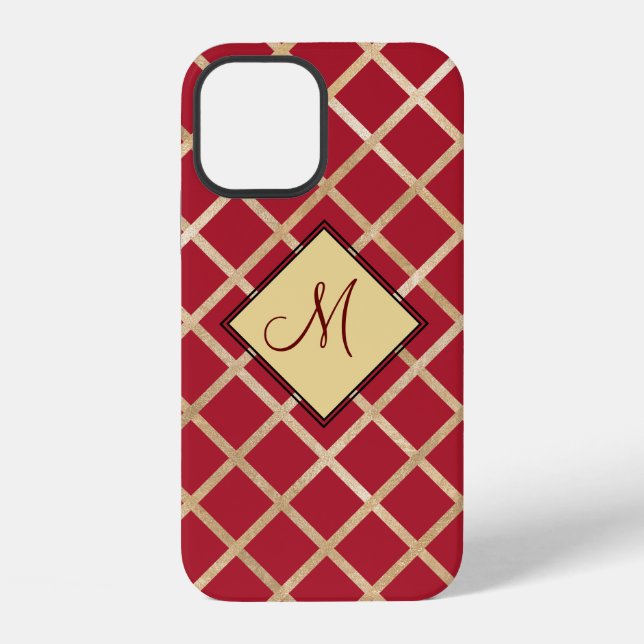 Red Elegant Monogram Gold Diamond Pattern iPhone Case (Back)