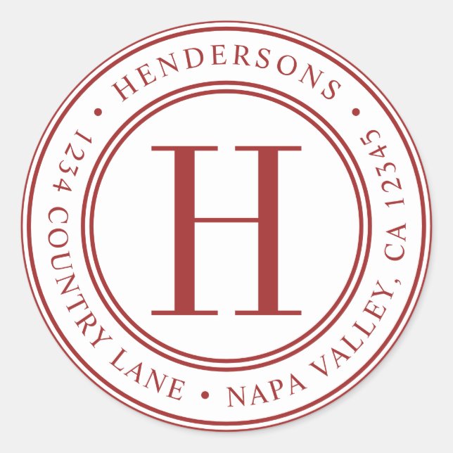 Red Elegant Monogram Return Address Classic Round Sticker (Front)
