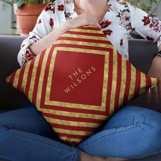 Red Elegant Name Geometric Square Lines Pattern Cushion (Creator Uploaded)