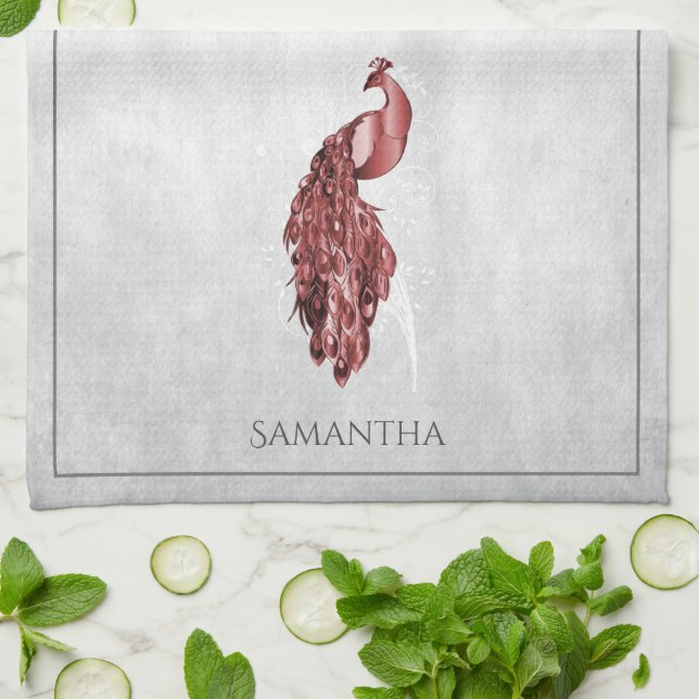 Red Elegant Peacock Kitchen Towel (Folded)
