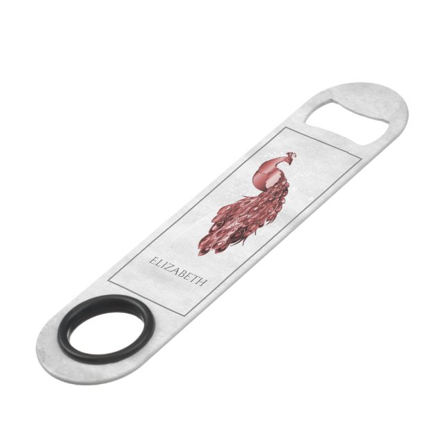 Red Elegant Peacock Personalised Bar Key (Front Angled)