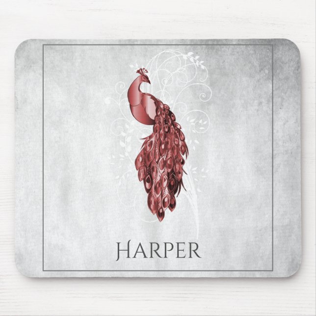 Red Elegant Peacock Personalised Mouse Pad (Front)